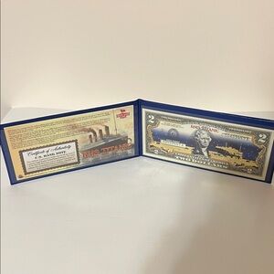 RMS Titanic Commemorative Banknote $2 Bill in Blue Display. Authentic US Bill